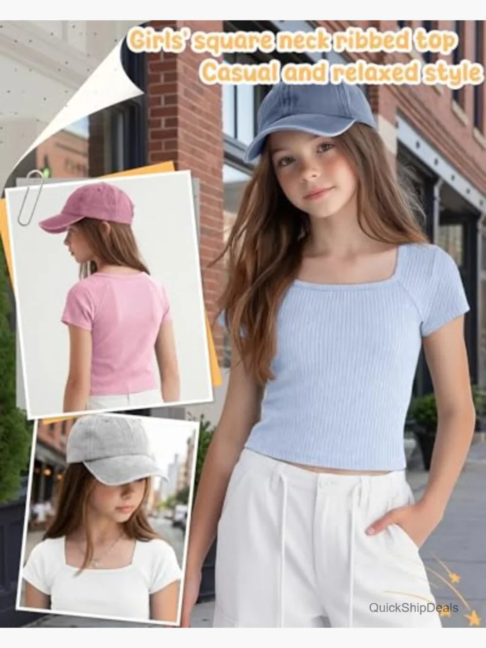 Ribbed Knit Crop Tops 3 Pack Short Sleeve Square Neck Tees